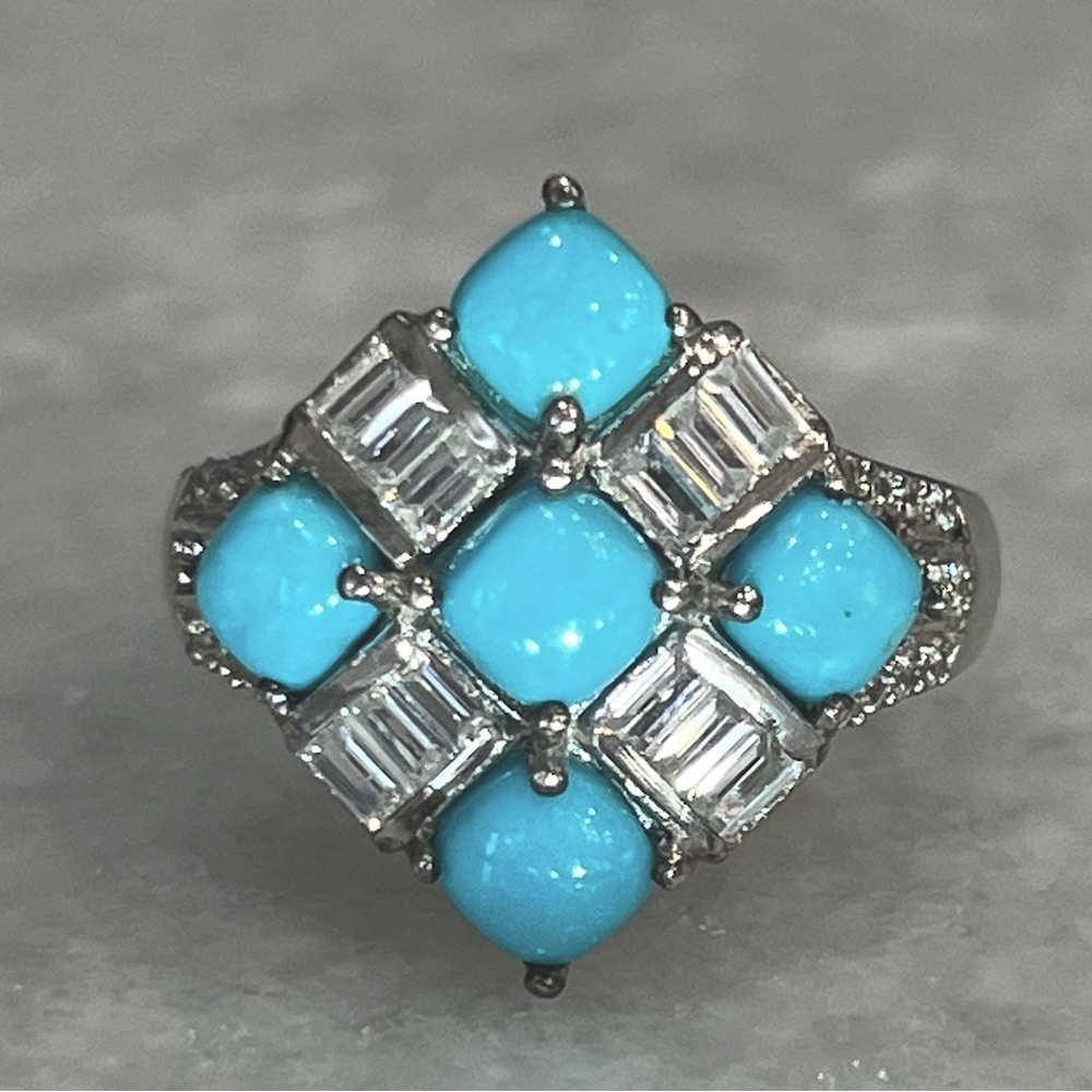 Arizona Sleeping Beauty Turquoise and Zircon Checkered Sterling Silver R… - Picture 10 of 14